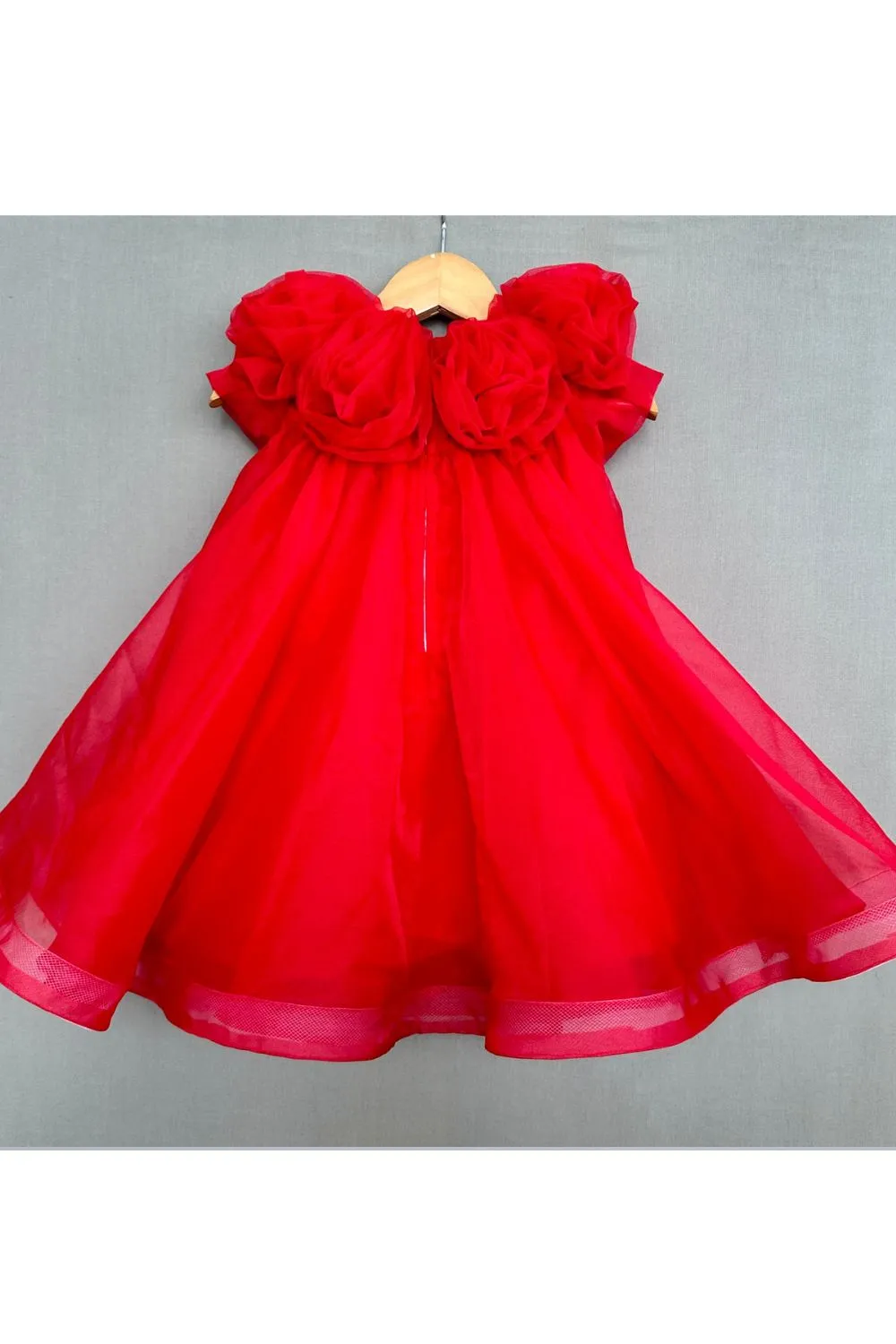 Red Pearls Organza Dress with Flowers