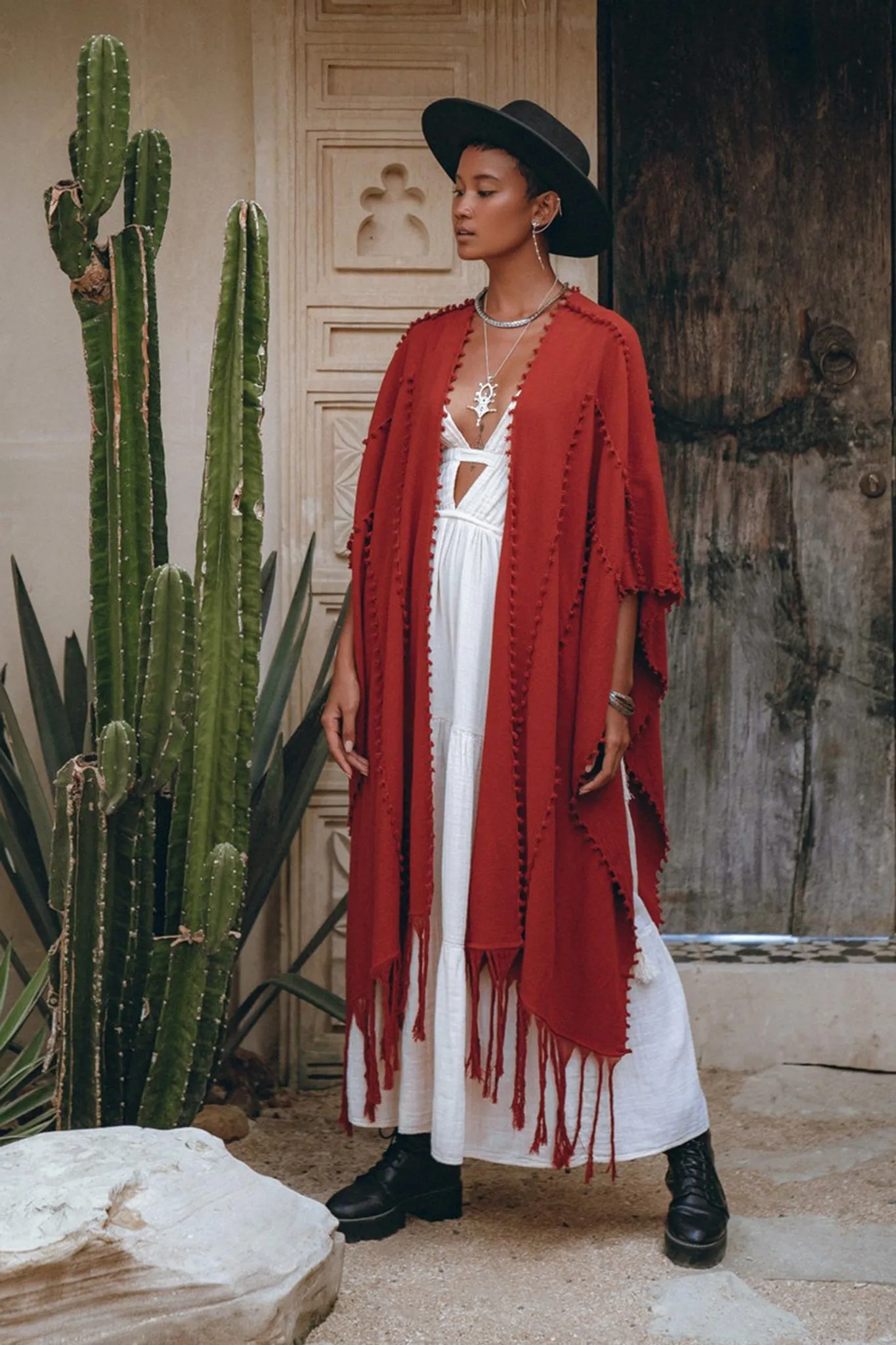 Red Poncho Robe • Boho Cape for Women • Bohemian Kimono Overcoat