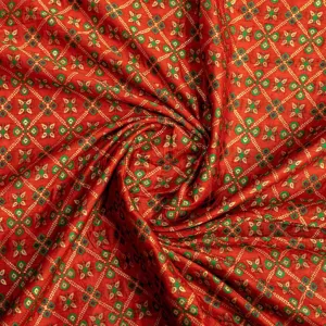 Red With Golden Floral Brocade Fabric