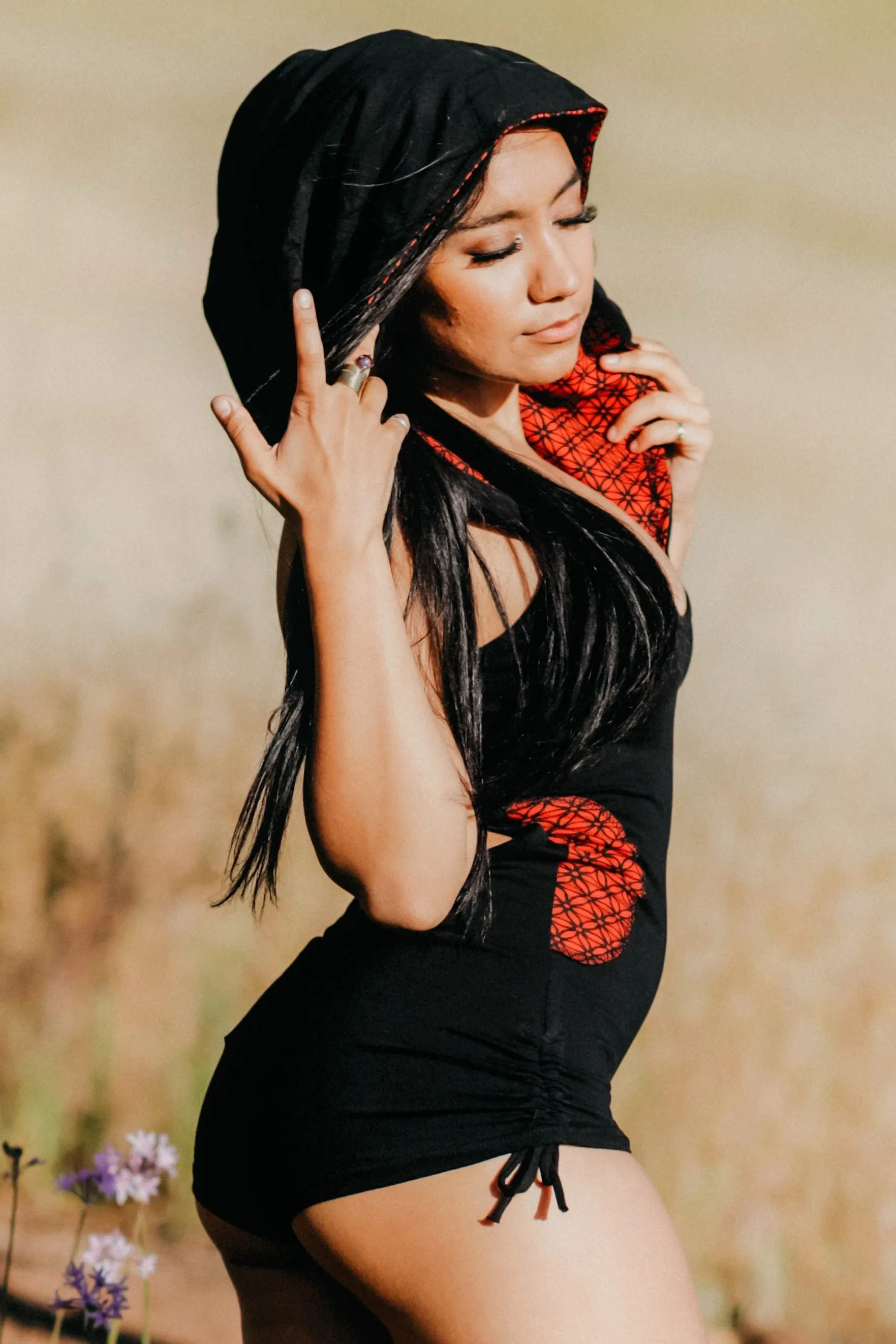 River Hooded Romper - Black with Red Flower of Life Print