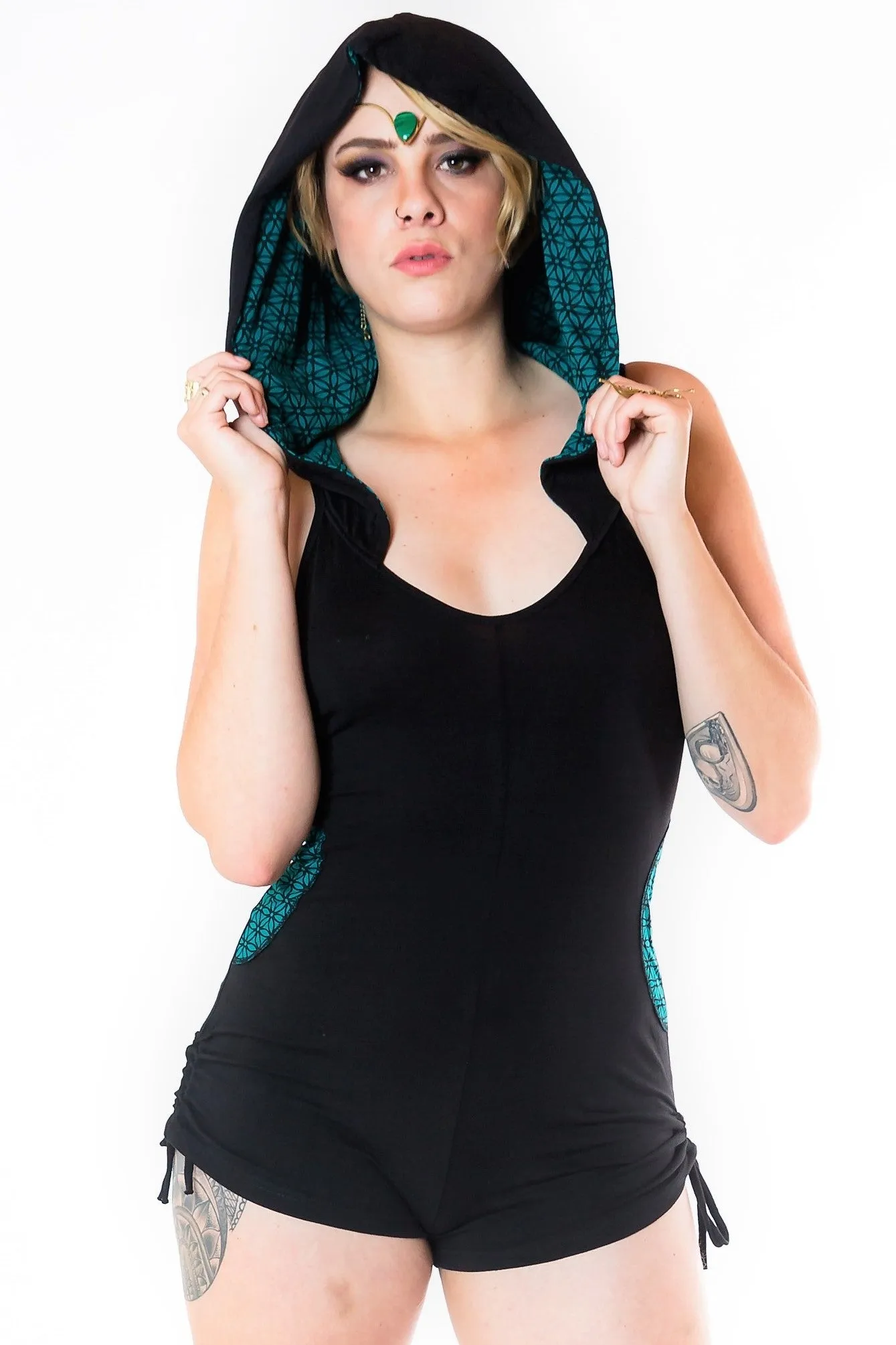 River Hooded Romper - Black with Red Flower of Life Print