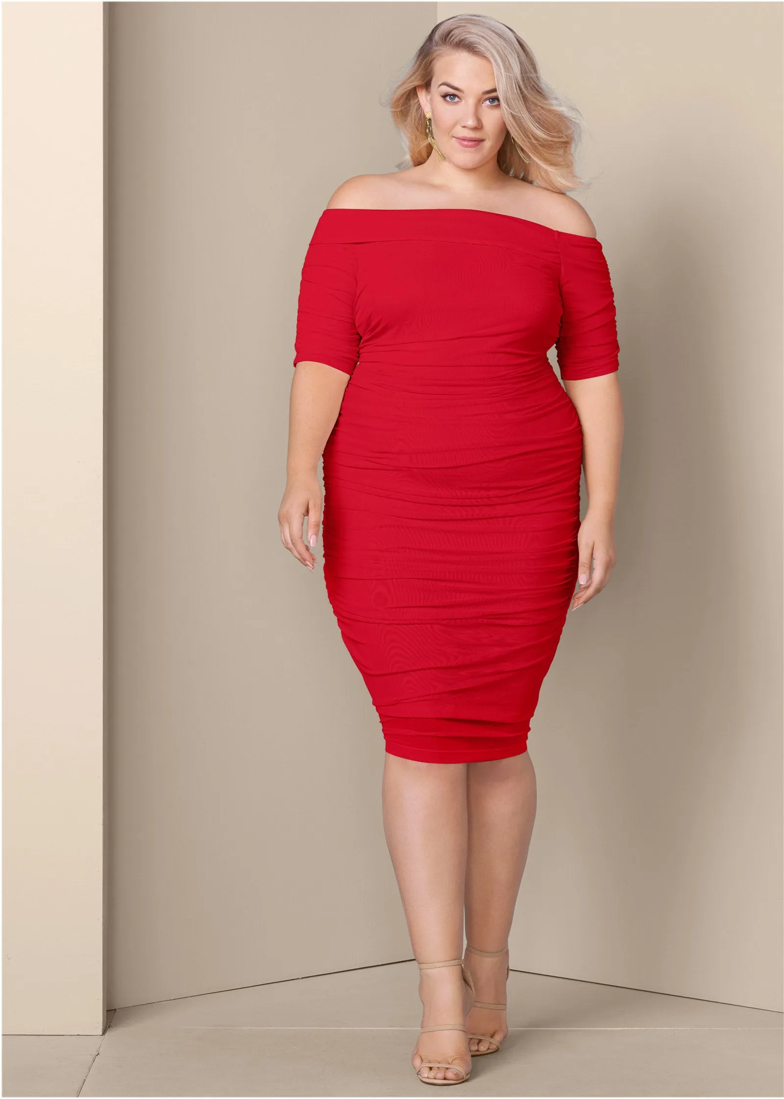 Ruched Mesh Bodycon Dress - Red