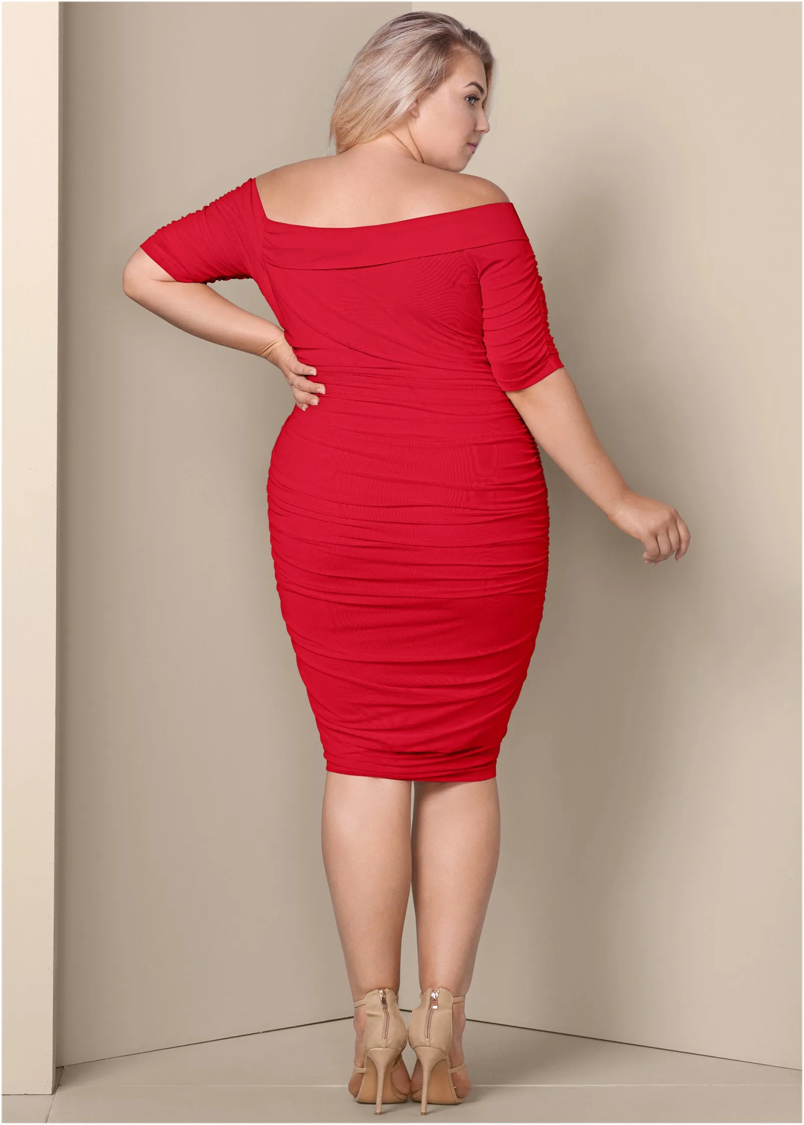 Ruched Mesh Bodycon Dress - Red