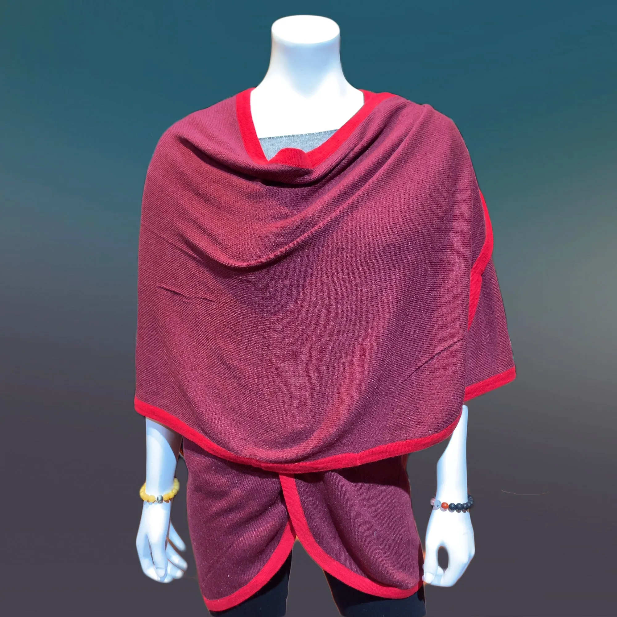 Sangria Tibetan Golden Lotus Cashmere Cape Ruana, Poncho Wrap