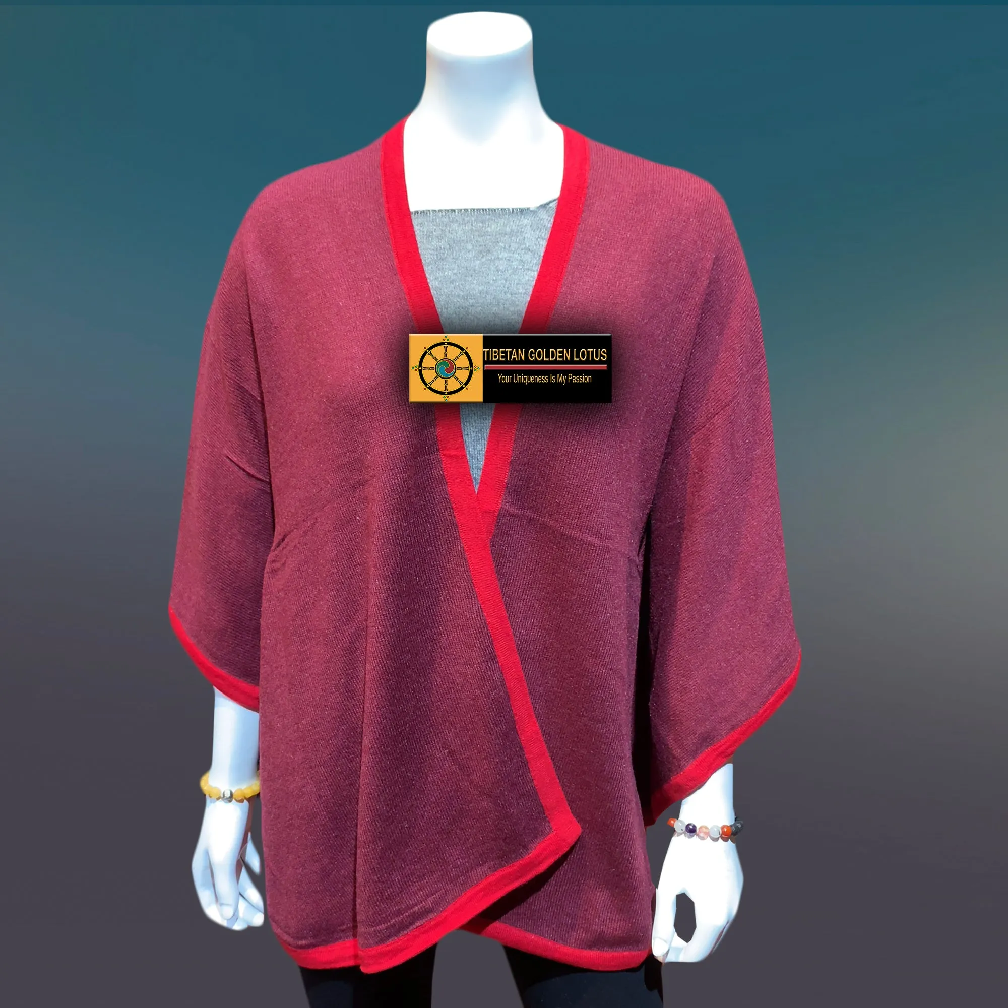 Sangria Tibetan Golden Lotus Cashmere Cape Ruana, Poncho Wrap