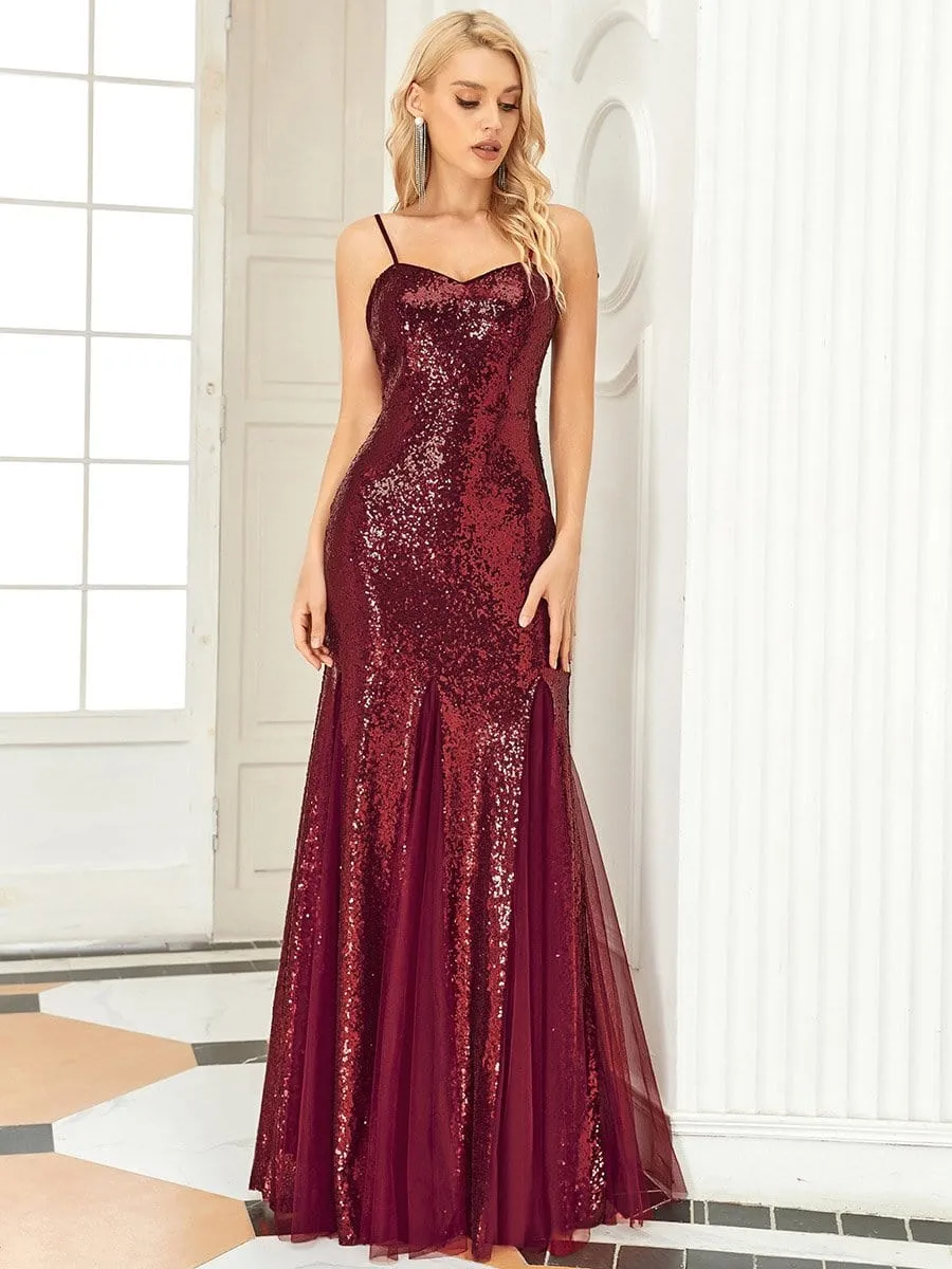 Sequin & Sheer Spaghetti Strap Fishtail Evening Dress