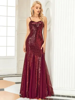 Sequin & Sheer Spaghetti Strap Fishtail Evening Dress