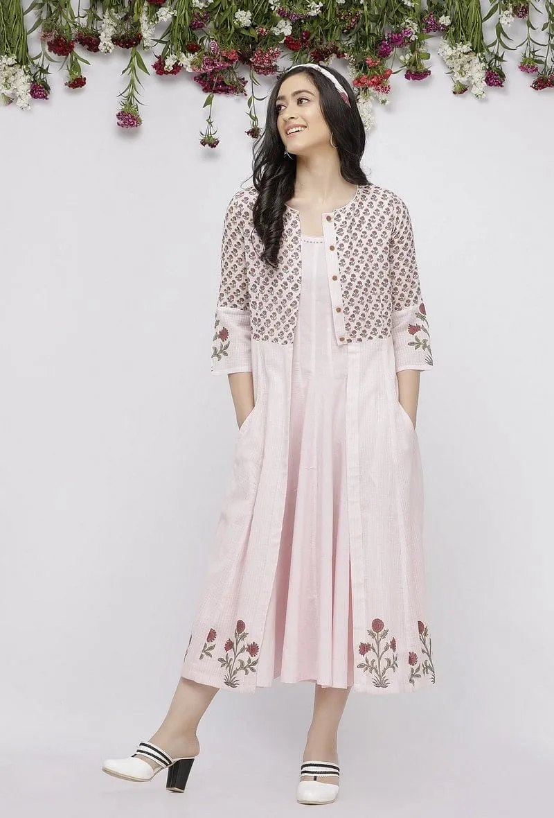 Set of 2: Pink Kalidar Cotton Plain Kurta with Hand-Block Printed Kota  Cape