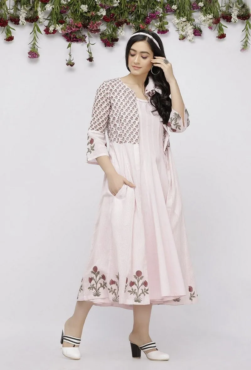 Set of 2: Pink Kalidar Cotton Plain Kurta with Hand-Block Printed Kota  Cape