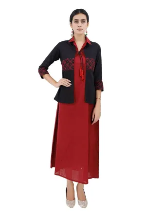 Set of 2: Short Collared Cape With Maroon Kantha Embroidery & Maxi Dress