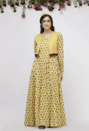 Set of 2 : Yellow Gathered Cotton Hand-Block Printed Kurta and Kota  Boho Cape