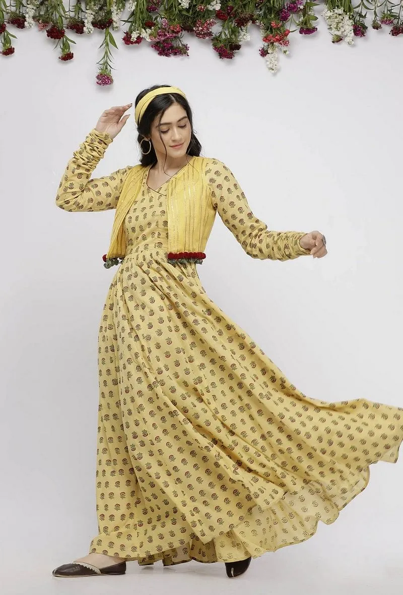 Set of 2 : Yellow Gathered Cotton Hand-Block Printed Kurta and Kota  Boho Cape