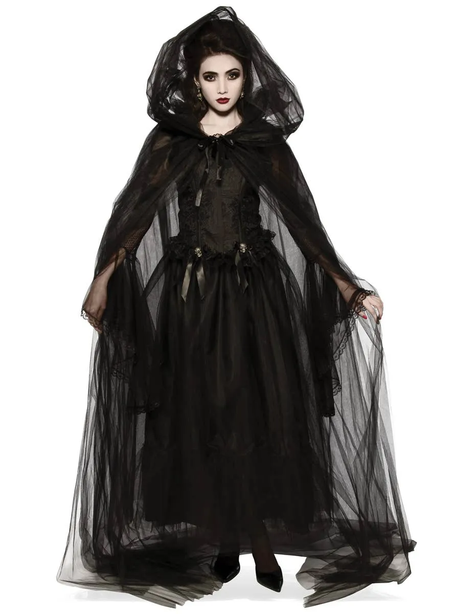 Sheer Black Mesh Womens Hooded Halloween Costume Cape