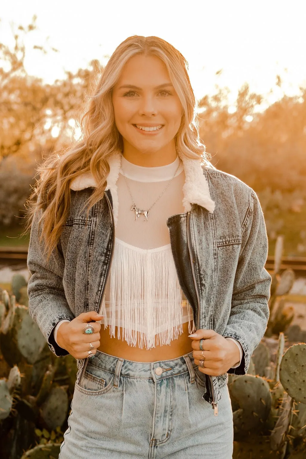 Sheer Long Sleeve Fringe Crop Top