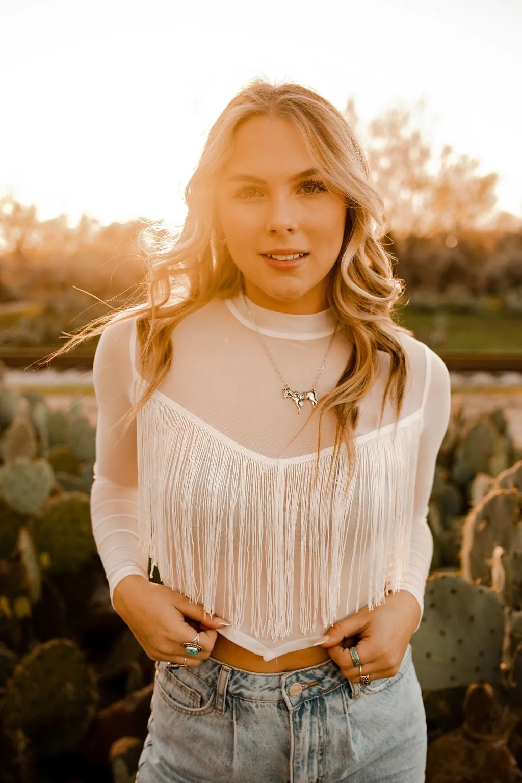 Sheer Long Sleeve Fringe Crop Top