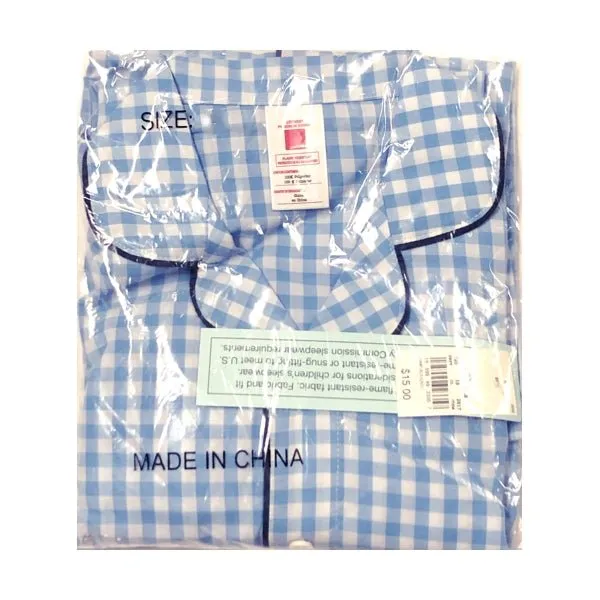 Sleepwear Kids Gingham Print Pajama Set - Blue/White/Navy Trim (Select Size) Flame Resistant