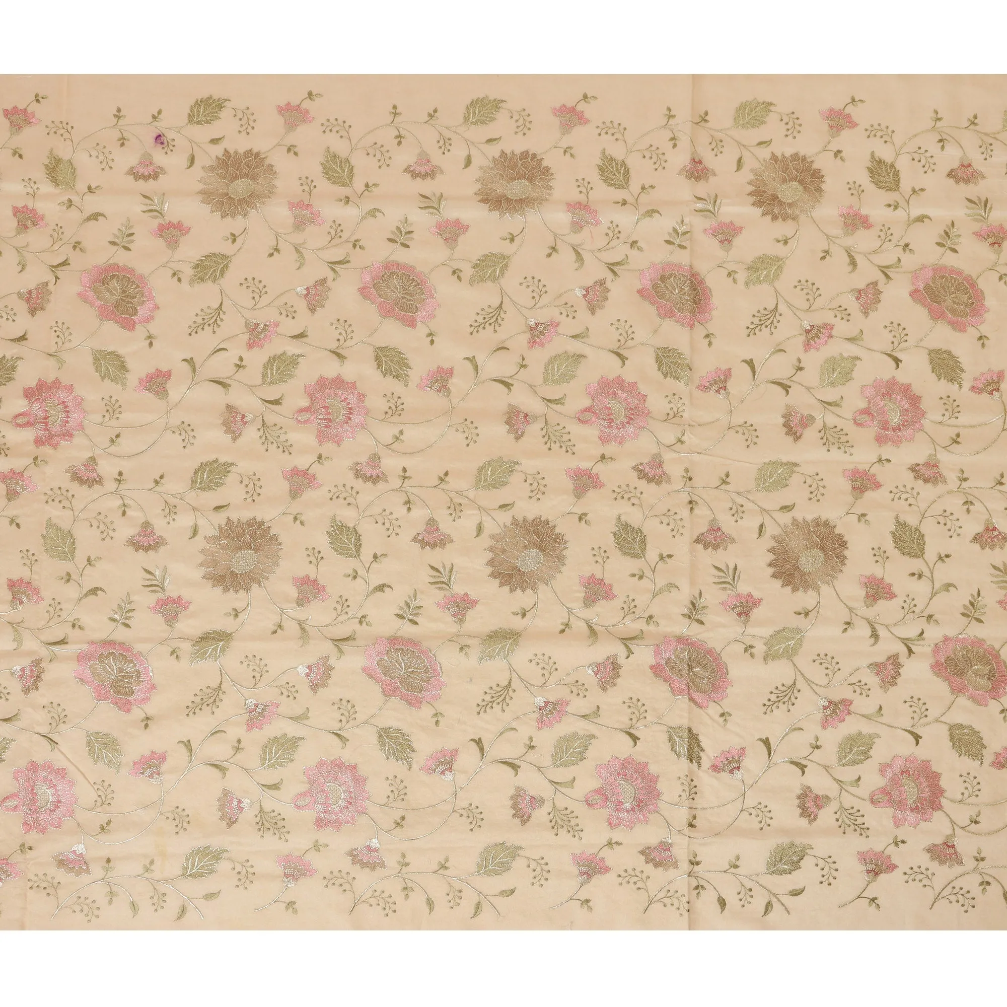 Soft Beige Synthetic Viscose Fabric with Pink and Gold Floral Embroidery, 110 cm Width-D20573