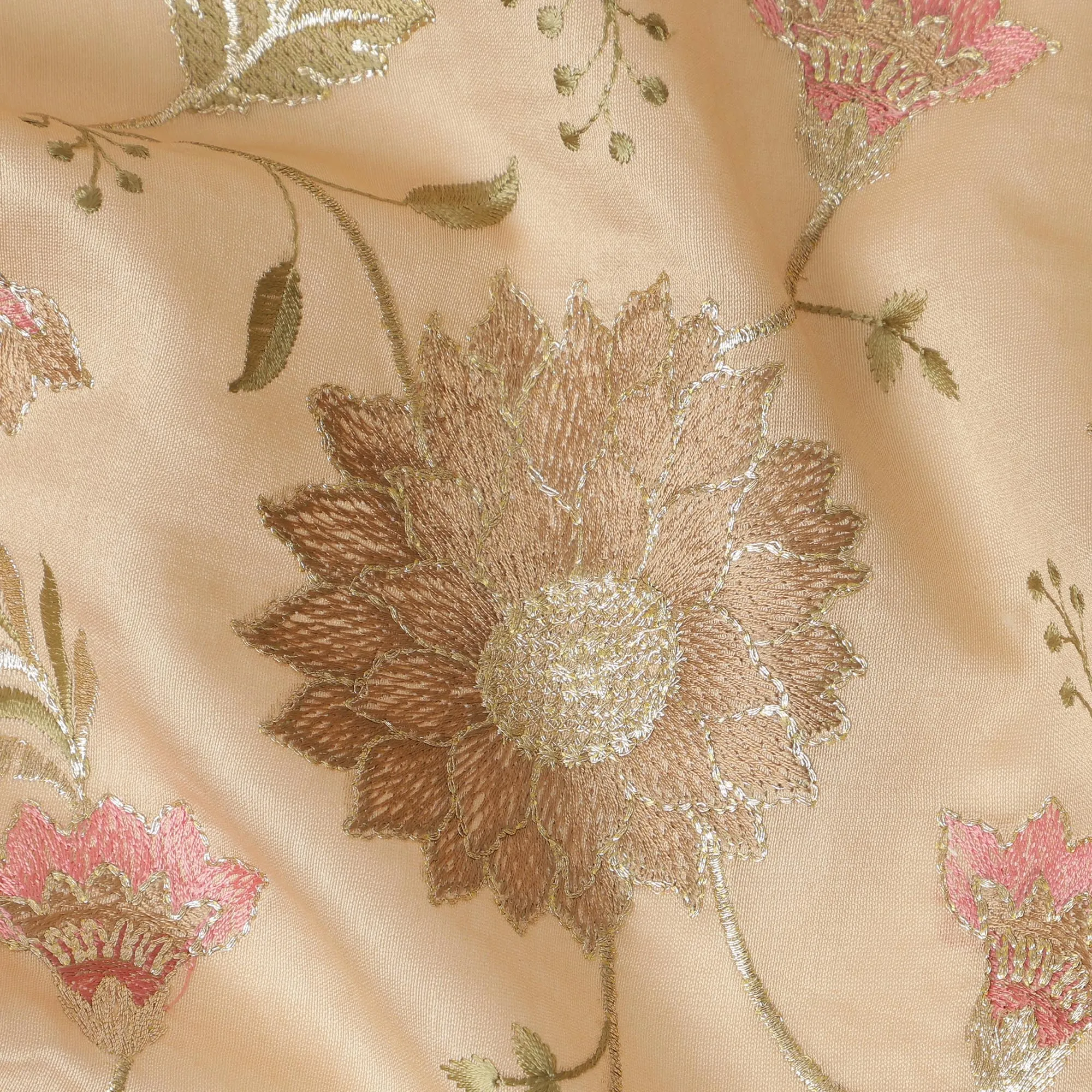 Soft Beige Synthetic Viscose Fabric with Pink and Gold Floral Embroidery, 110 cm Width-D20573