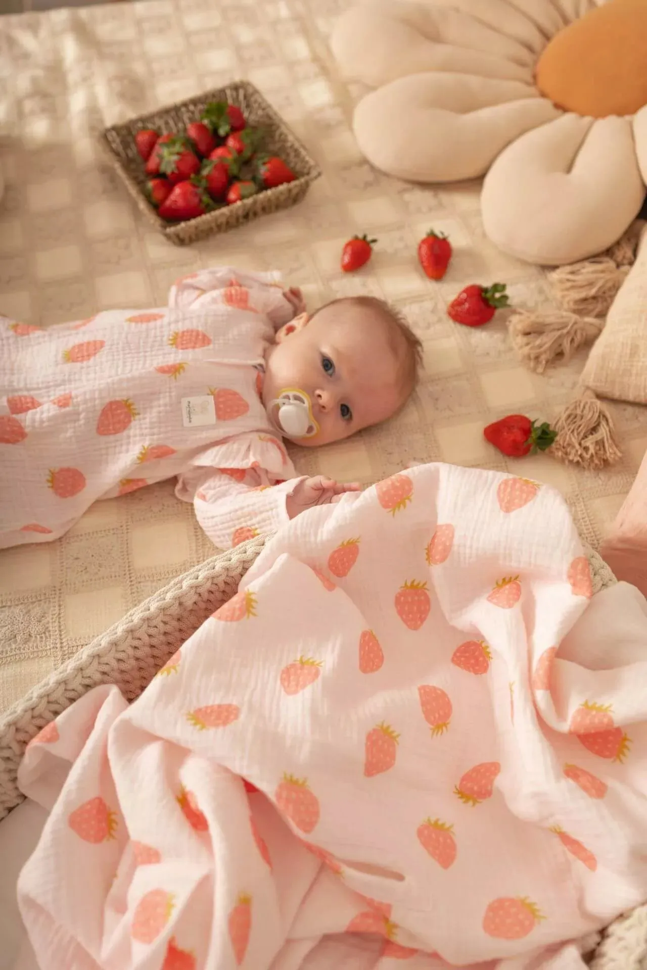 Soft Cotton Muslin Romper - Strawberries