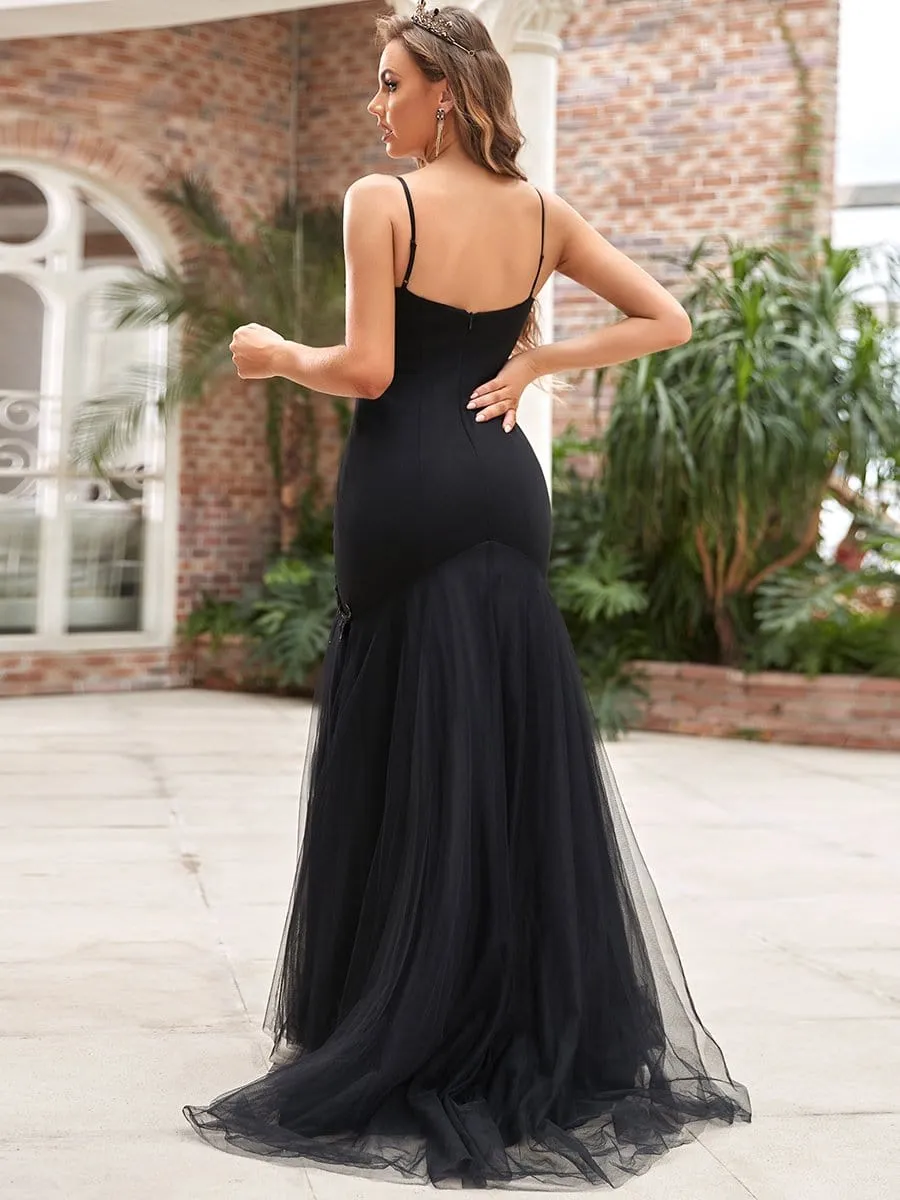 Spaghetti Strap Sequin Tulle Mermaid Black Wedding Dress