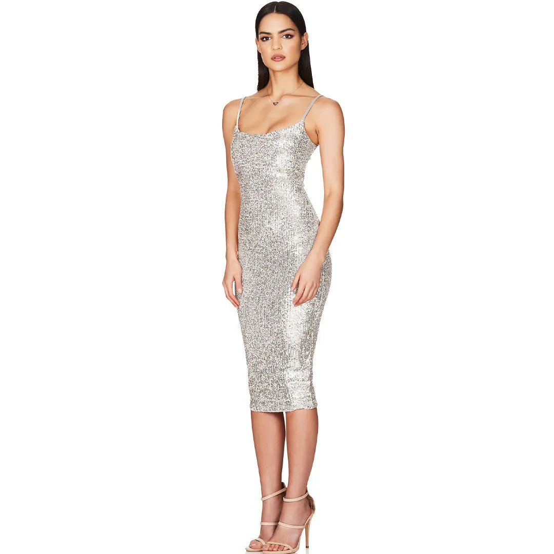 Sparkly Sequin Scoop Neck Bodycon Cocktail Midi Dress - Silver