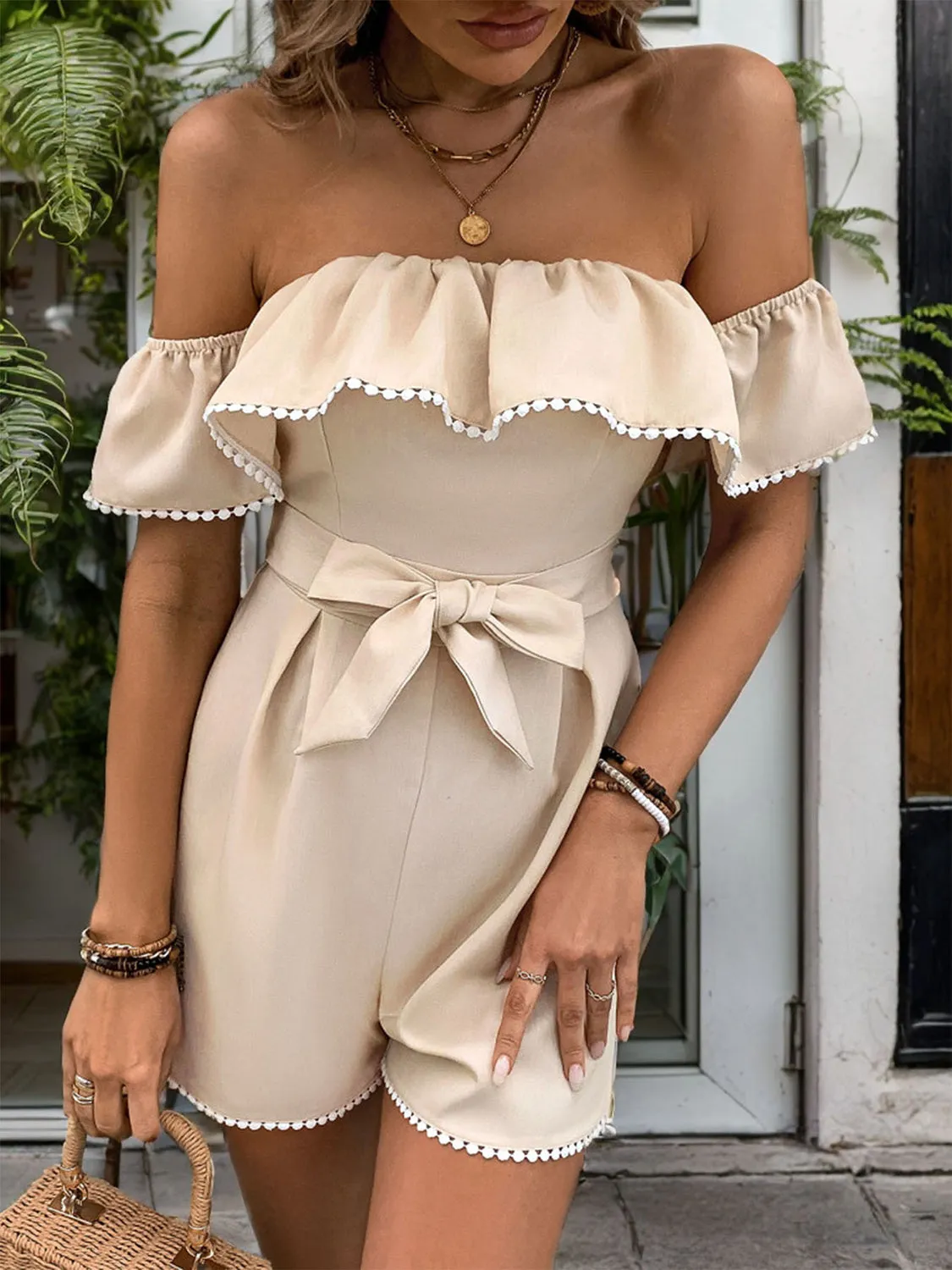 TEEK - Sand Tied Ruffled Off-Shoulder Short Sleeve Romper