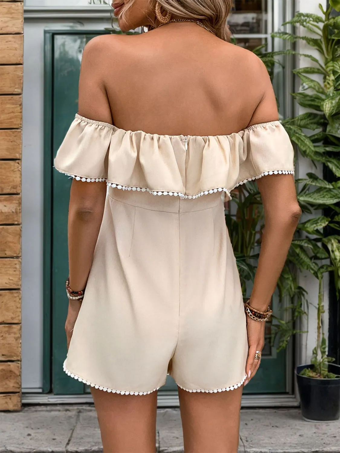 TEEK - Sand Tied Ruffled Off-Shoulder Short Sleeve Romper