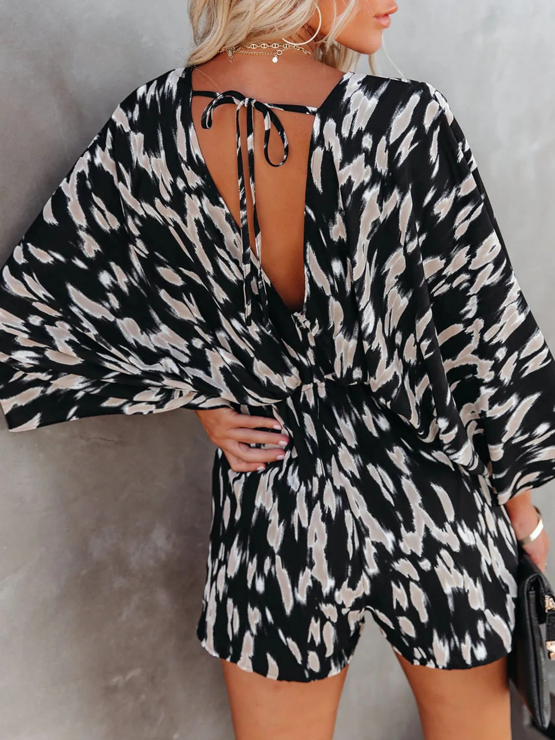 TEEK - Tied Printed Kimono Sleeve Romper