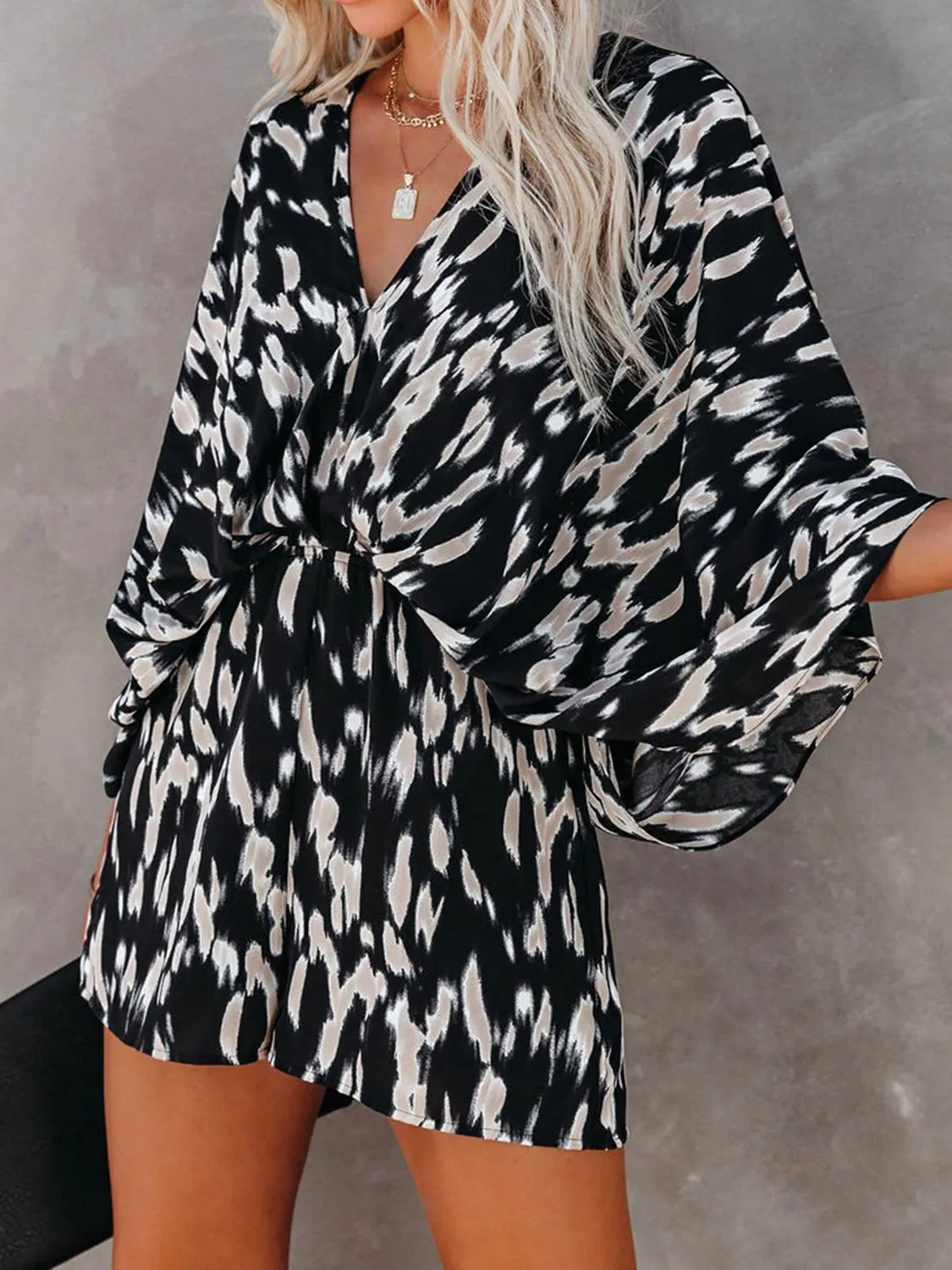 TEEK - Tied Printed Kimono Sleeve Romper