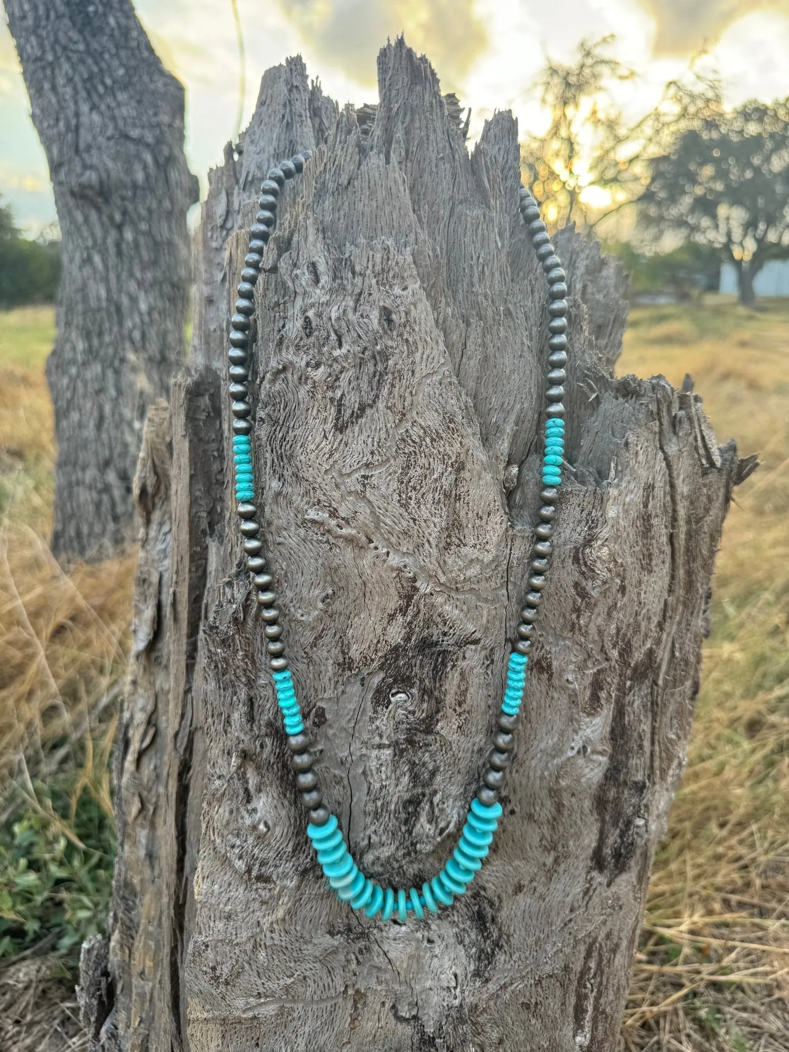 Turquoise and Silver Beaded Long Necklace