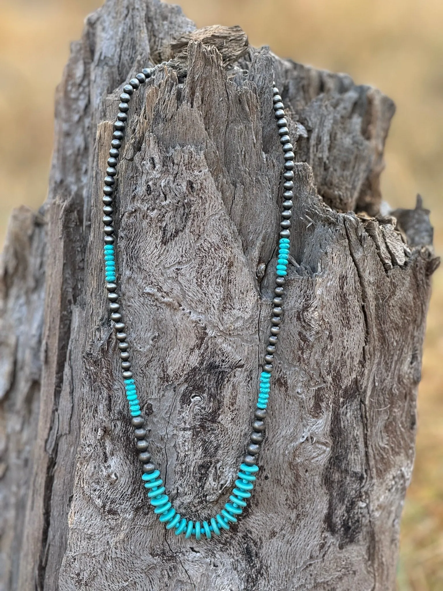 Turquoise and Silver Beaded Long Necklace