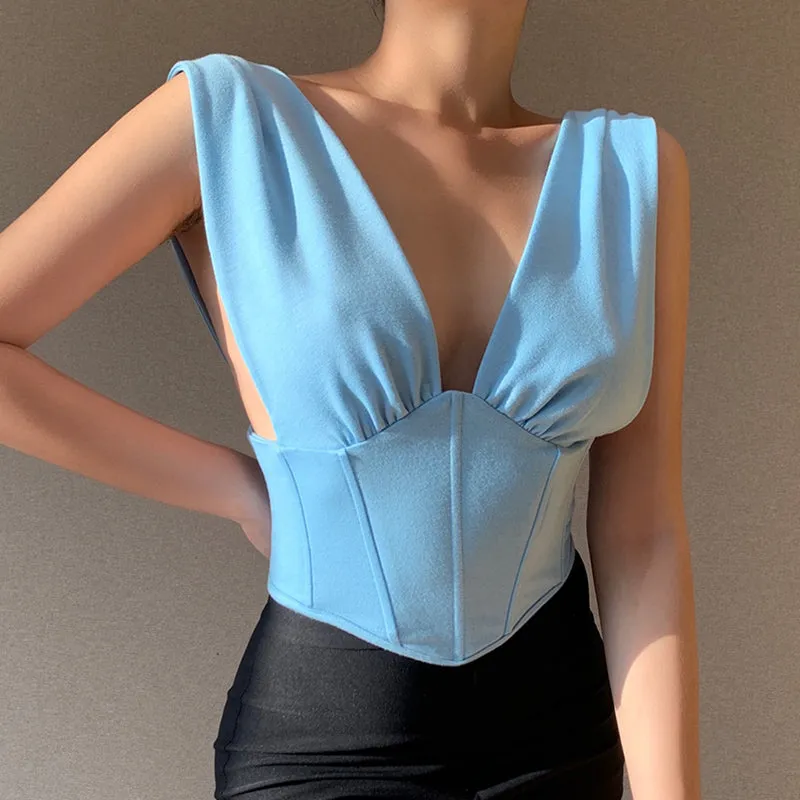 V-Neck Tie Back Detail Crop Top