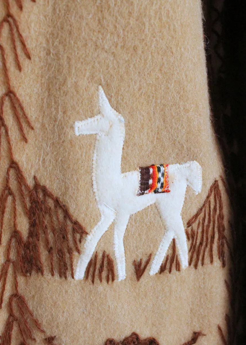 Vintage 1970s Embroidered Wool Cape with Llamas