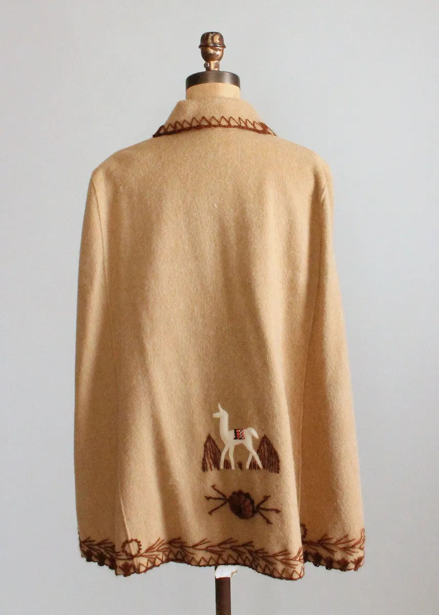 Vintage 1970s Embroidered Wool Cape with Llamas