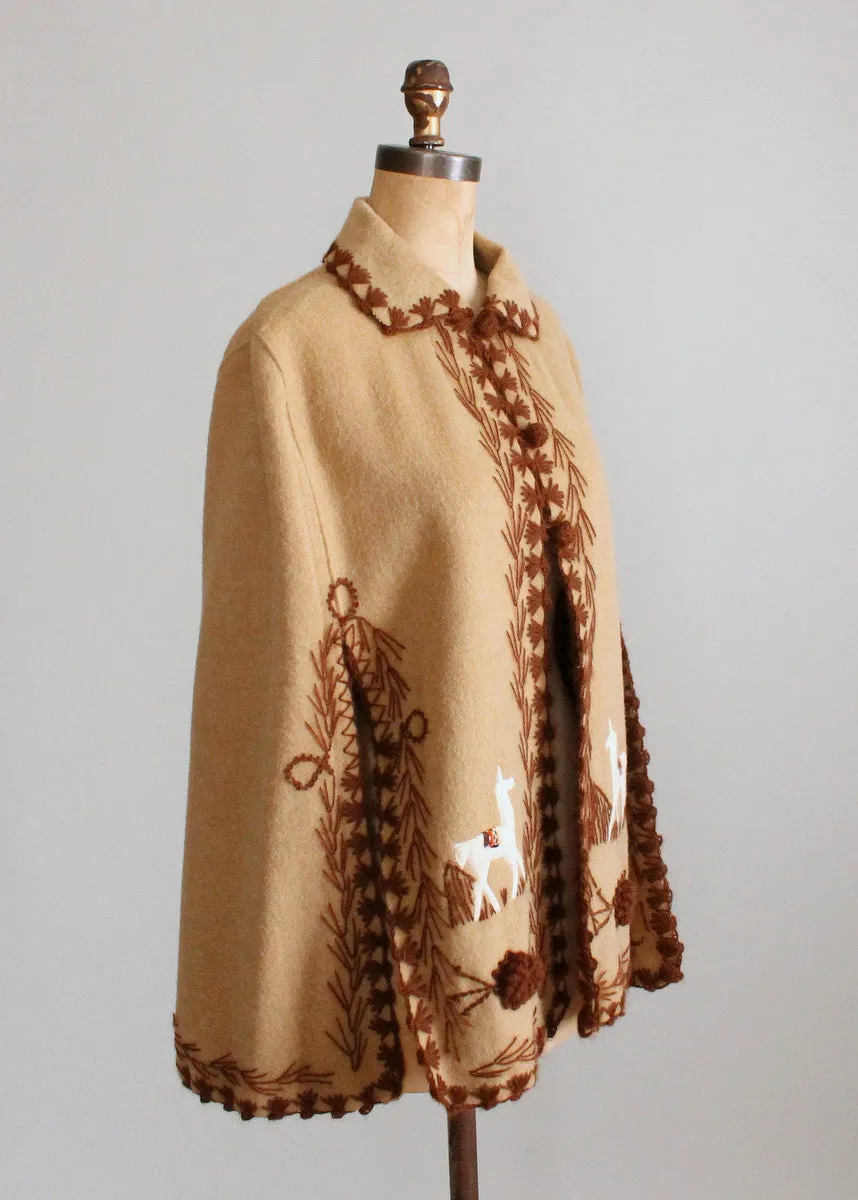 Vintage 1970s Embroidered Wool Cape with Llamas