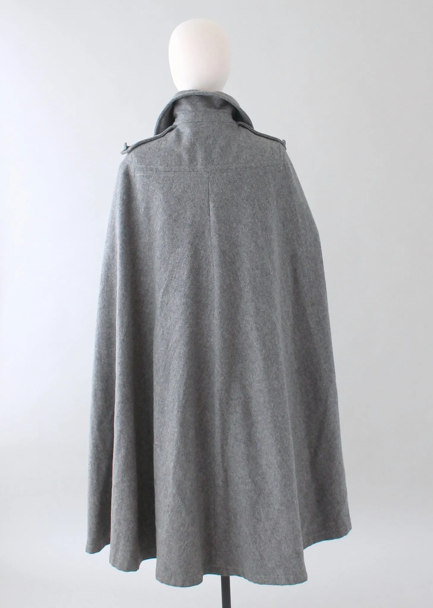 Vintage 1970s Grey Wool Belted Coat Cape