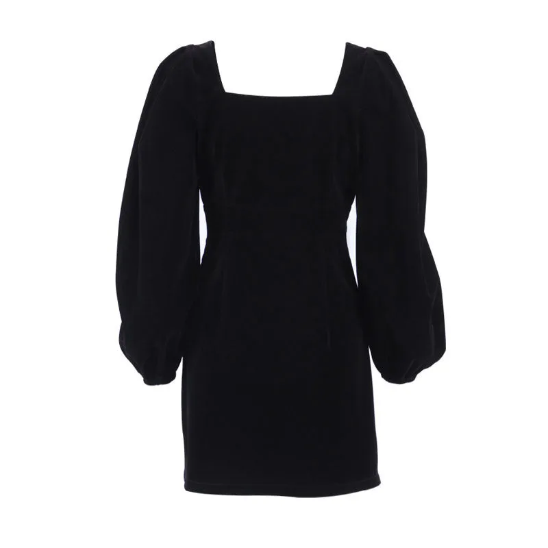 Vintage Puff Sleeve Square Neck Velvet Party Mini Dress - Black