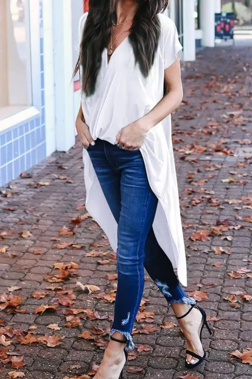 White Short Sleeve Surplice Neck Drape High Low Top