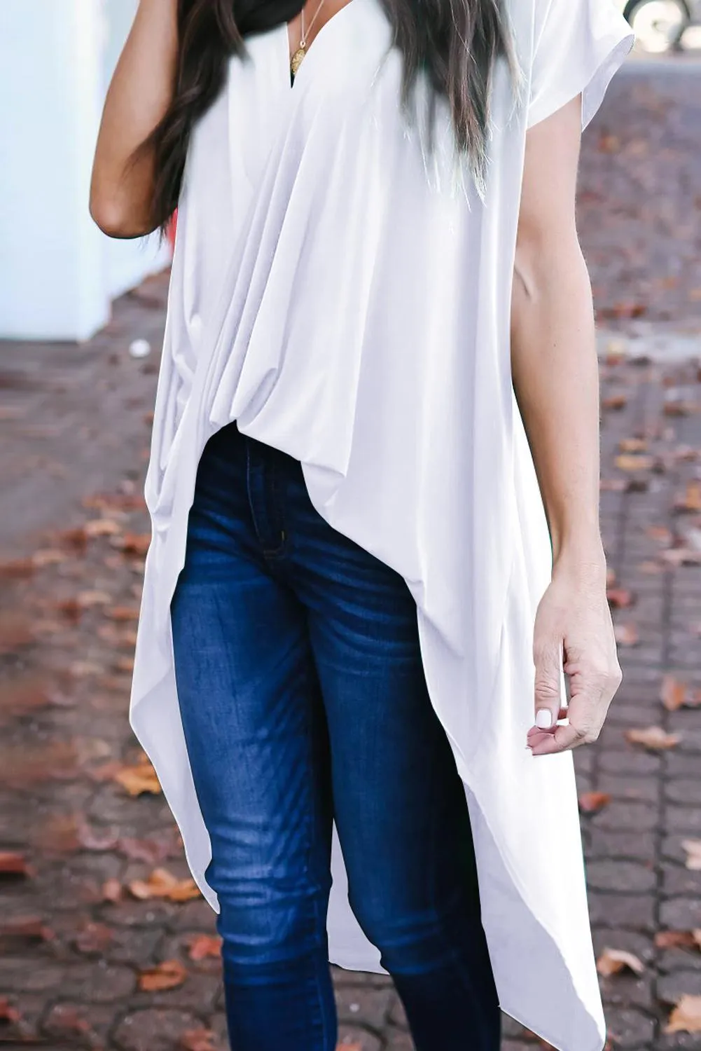 White Short Sleeve Surplice Neck Drape High Low Top