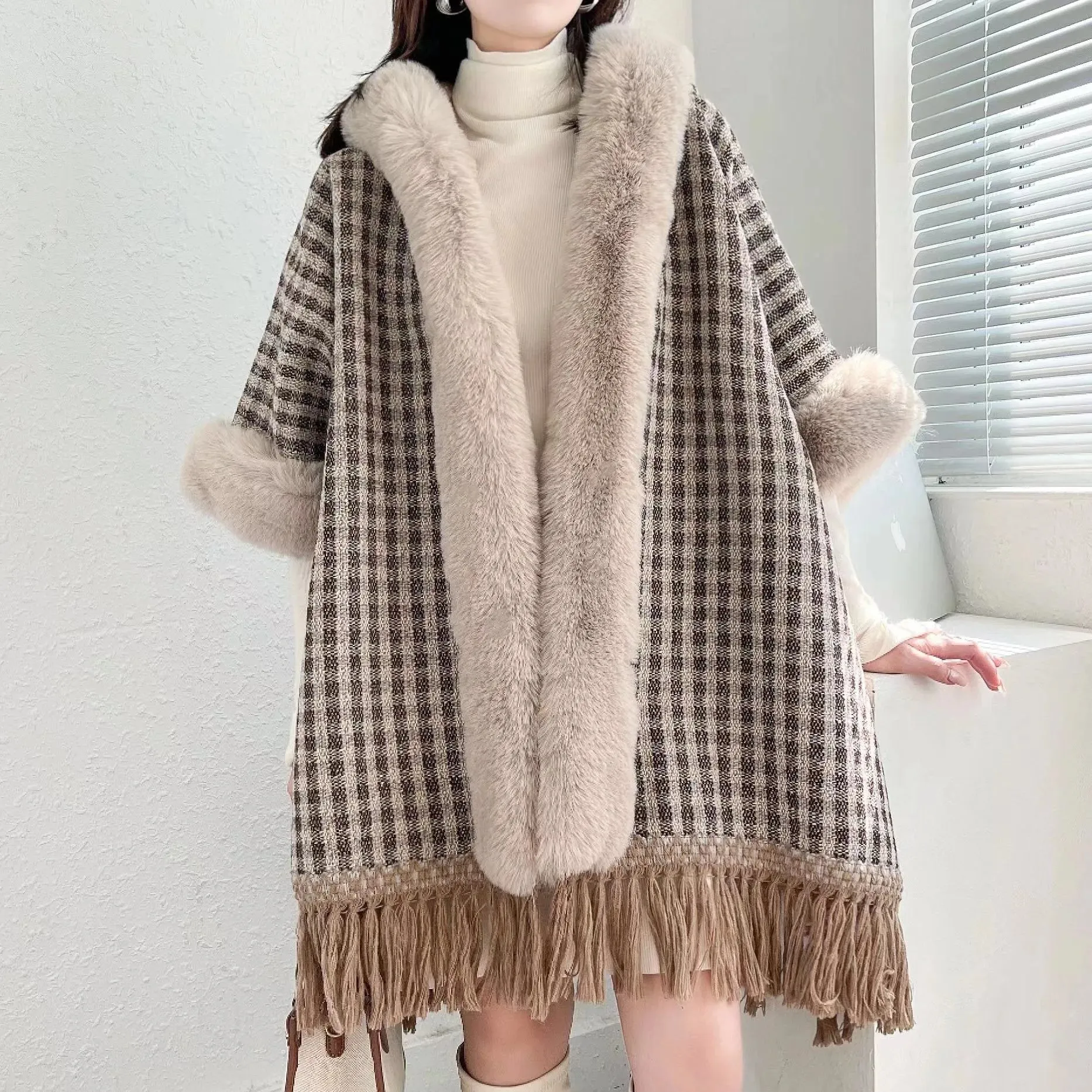 Winter Women Plaid Faux Rabbit Fur Loose Poncho Tassel Cape Cloak