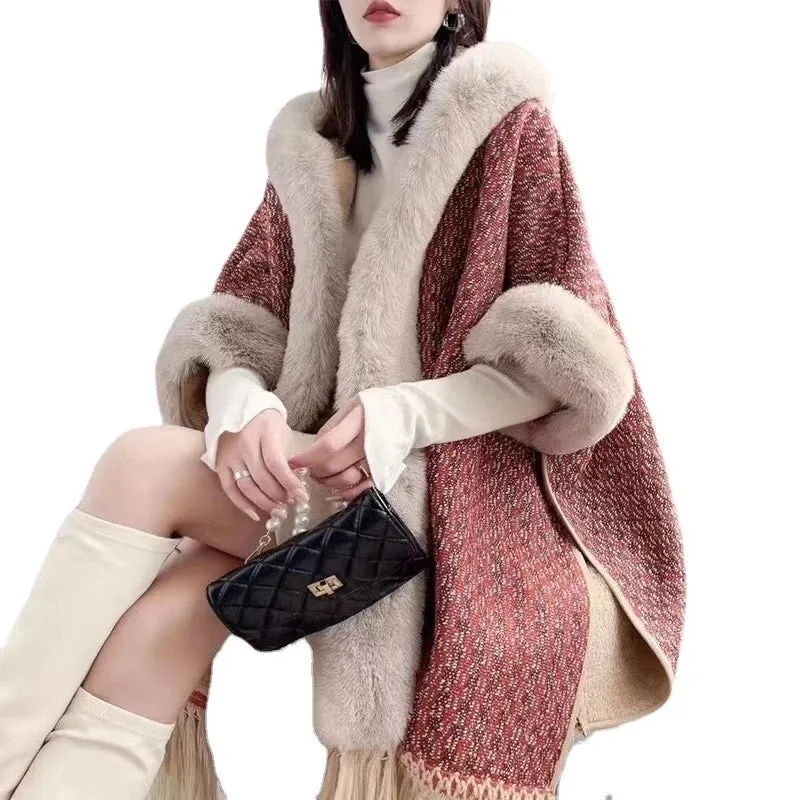 Winter Women Plaid Faux Rabbit Fur Loose Poncho Tassel Cape Cloak