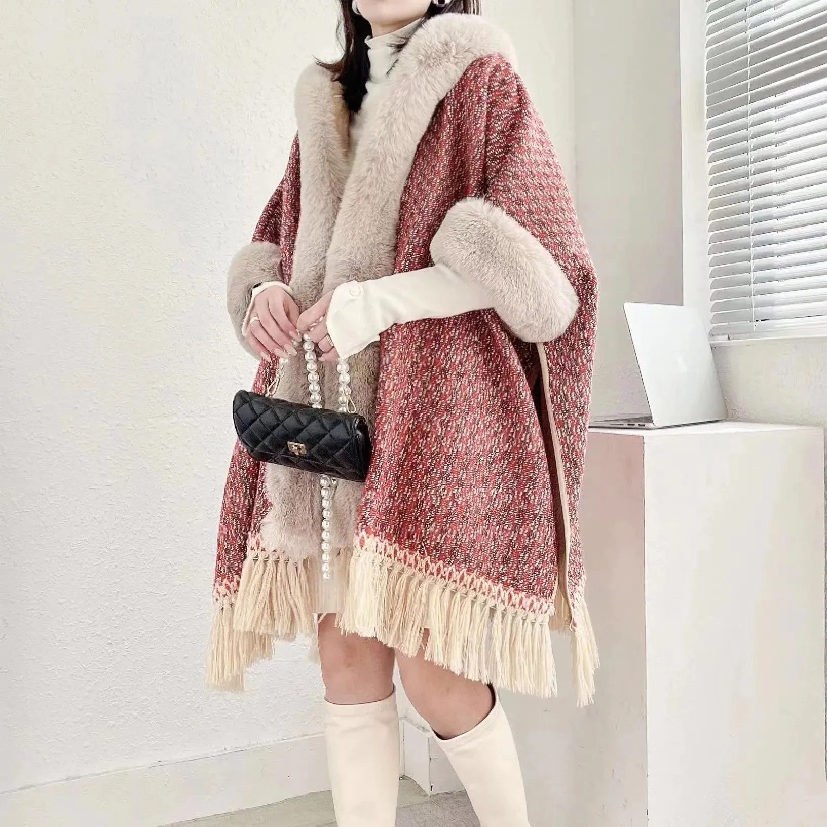 Winter Women Plaid Faux Rabbit Fur Loose Poncho Tassel Cape Cloak