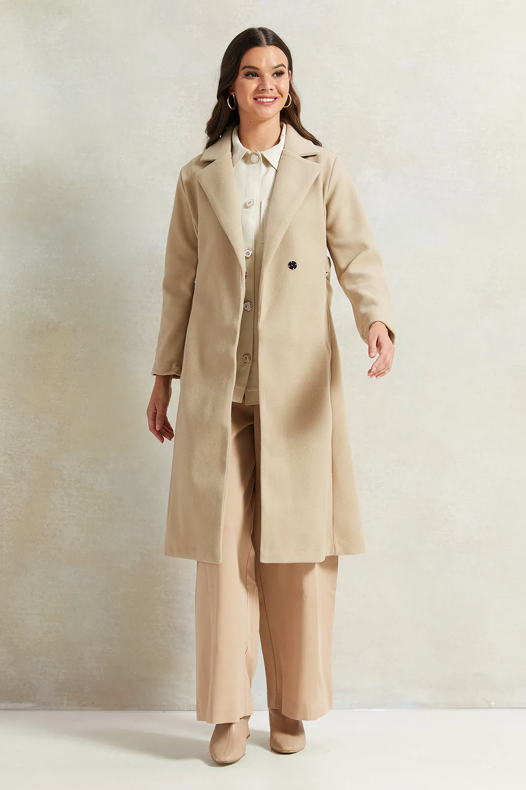 Women Beige Long Melton Jacket