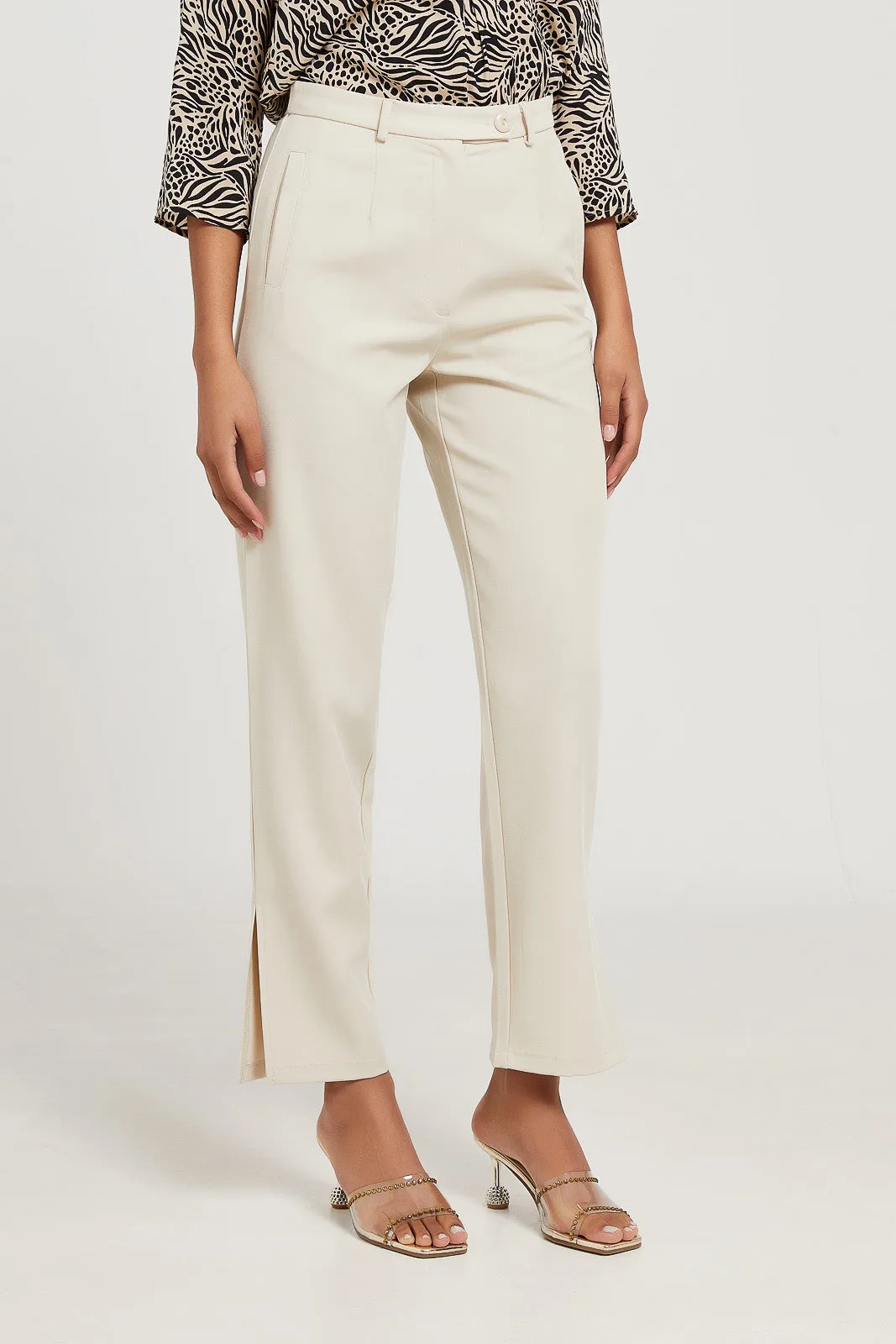 Women Beige Straight Fit Trouser With Side Slit