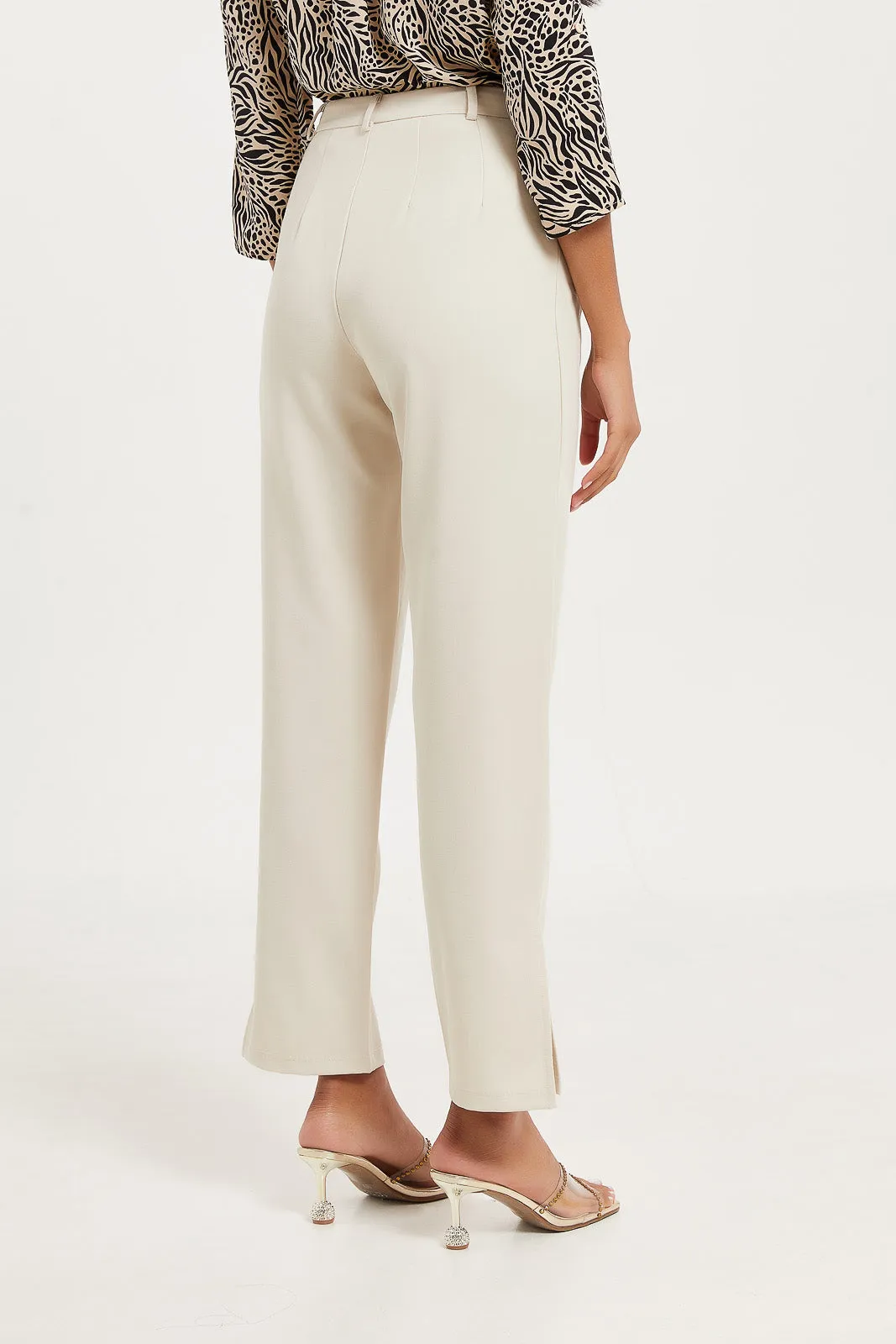 Women Beige Straight Fit Trouser With Side Slit