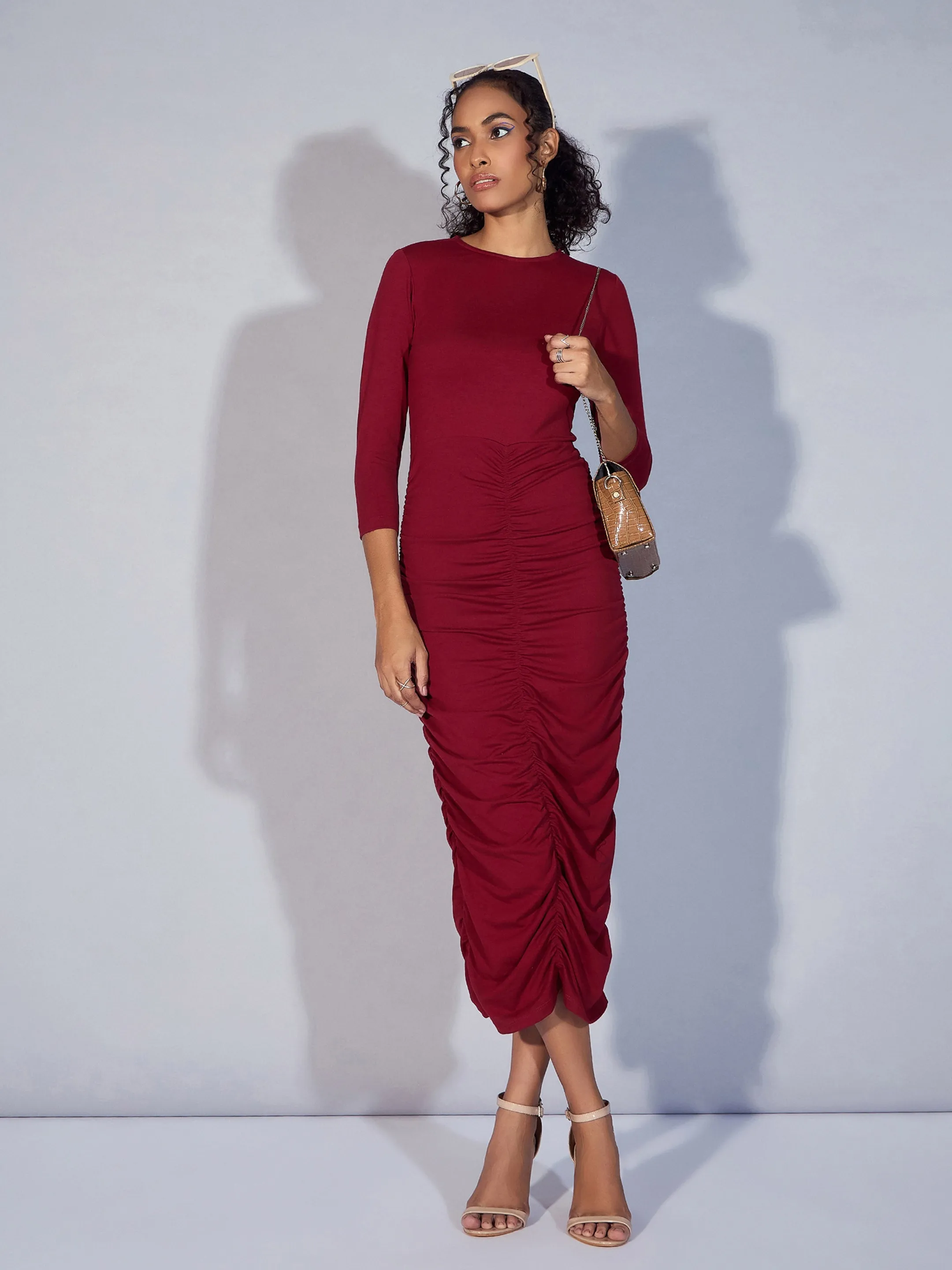 Women Maroon Ruched Bodycon Midi Dress