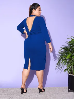 Women Royal Blue Diamante Back Detail Bodycon Dress