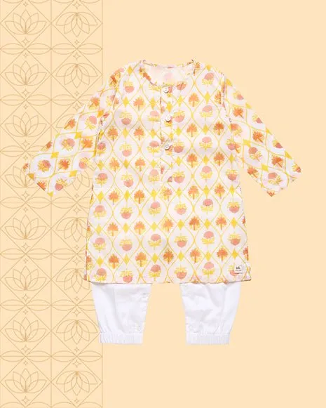 Zahra - Handblock Printed Infant Kurta with Attached Pyjama (Onesie)