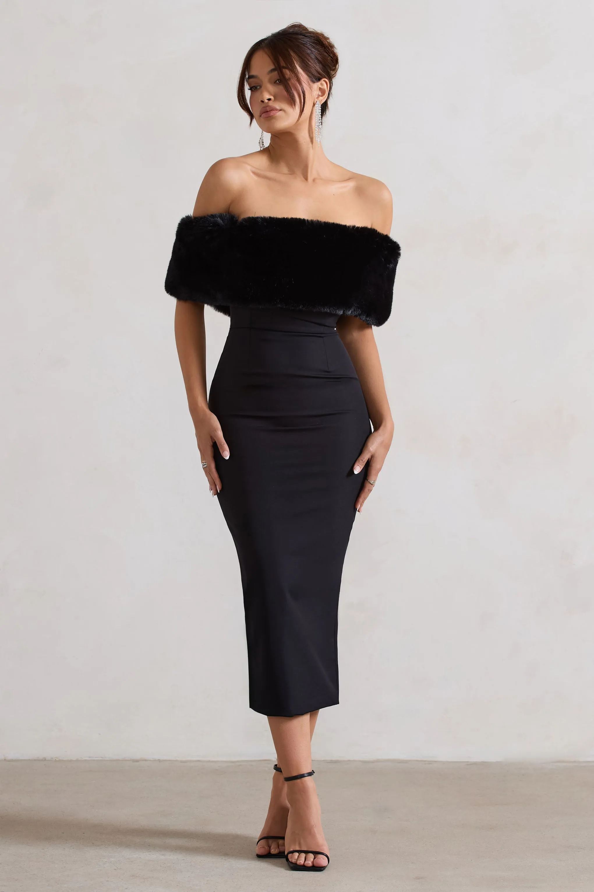 Zia | Black Bardot Midi Dress With Fur Trim